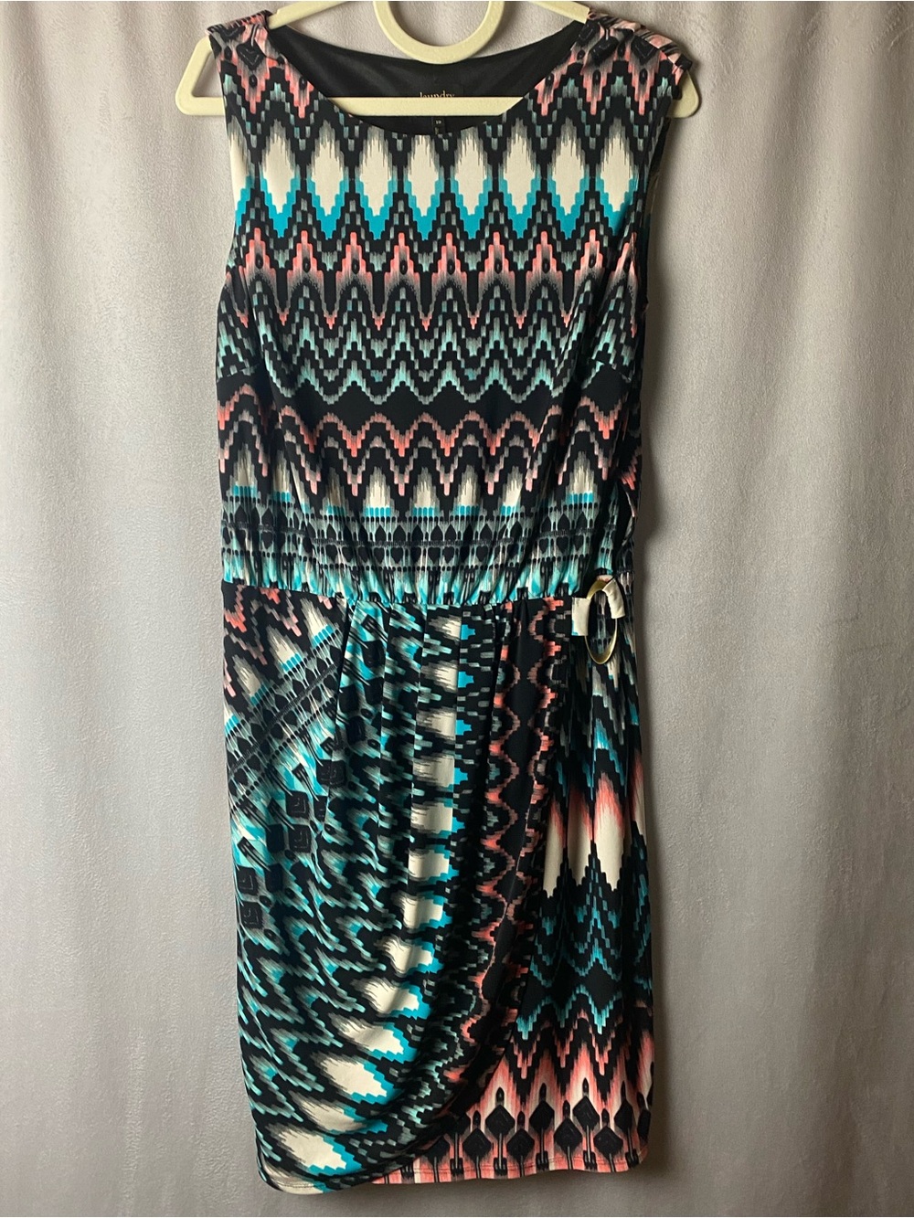 Laundry By Shelli Segal Teal, Pink Black Ikat Print Wrap indie MiniDress 10
